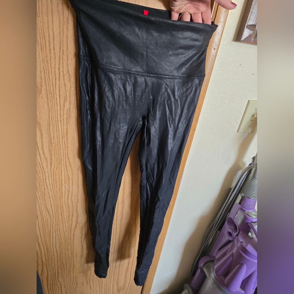 SPANX Black Liquid Leather Leggings with Red Tag